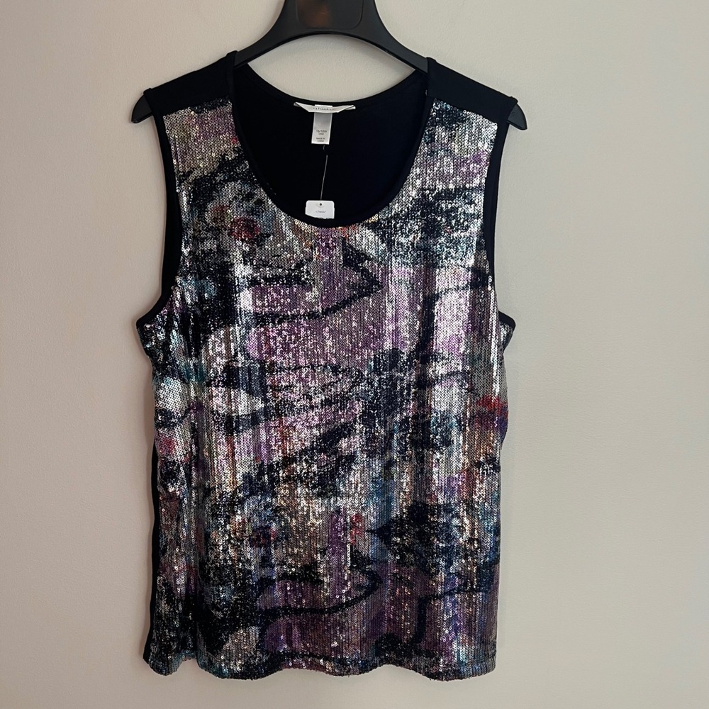 Sequin Tank Women 16/18W 1X Black Multi Color Abstract Sleeveless NYE Festival
